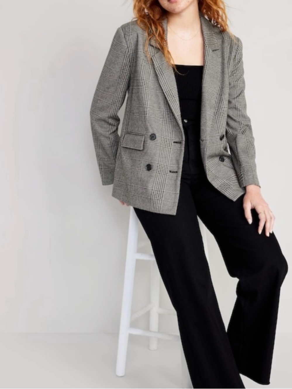 Old Navy Women Grey Oversized Plaid Double-Breasted Blazer with Buttons Size XL